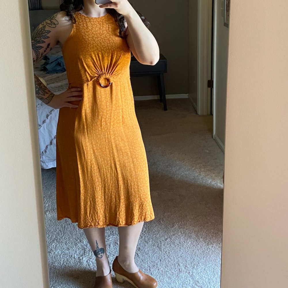 Mango Orange Satin Leopard Print Midi Dress